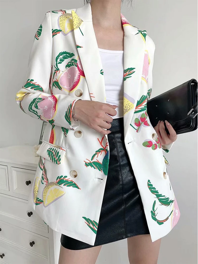 Blazer Mujer 2023 Women Fashion Double Breasted Fruit Print Blazers Coat Vintage Long Sleeve Pockets Female Outerwears Chic Tops