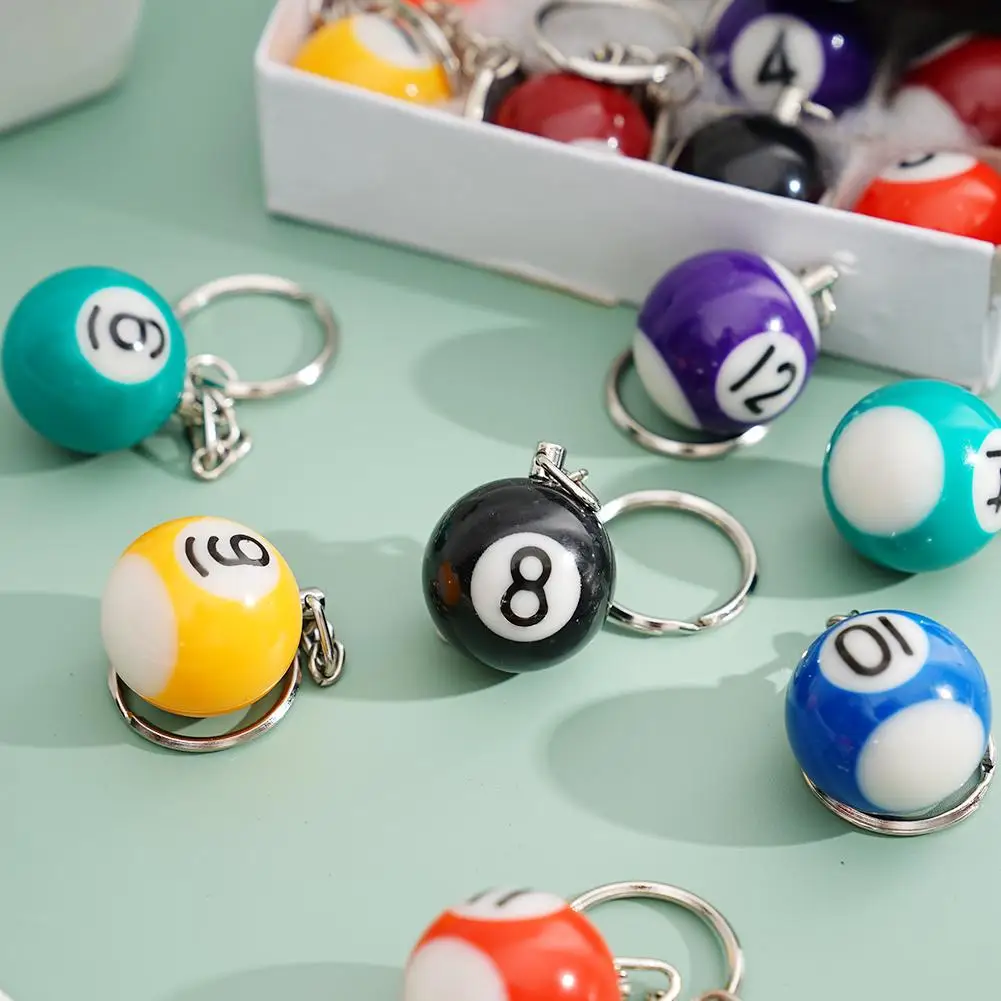 16pcs/Set Mini Billiards Shaped Keyring Assorted Colorful Billiards Pool Small Ball Keychain Creative Hanging Decorations