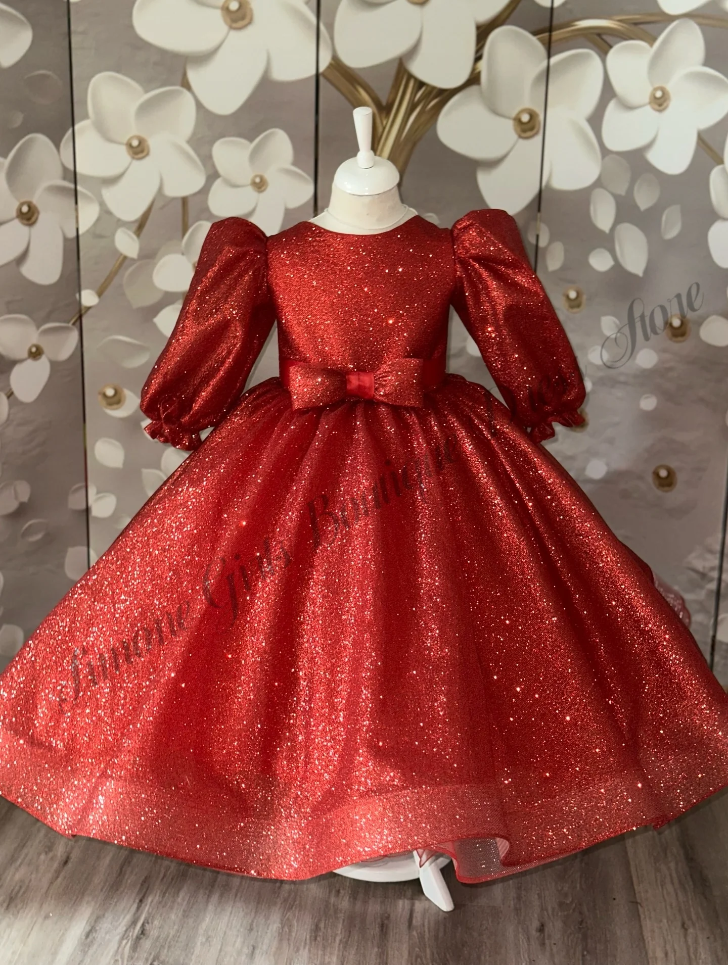 Shiny Red Sequines Flower Girl Dress For Girls Fashion Puff Sleeves Long Wedding Birthday Party Dress Latest Formal Pagent Gown