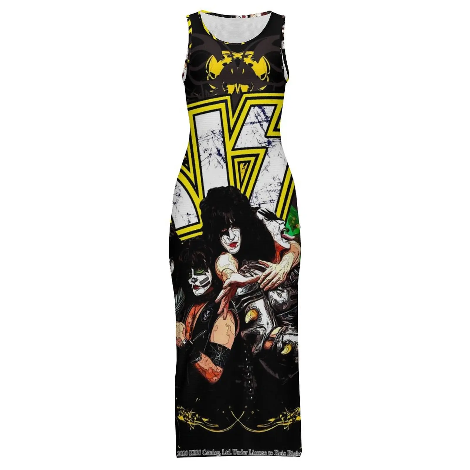 Kiss Band Bodycon Dress Spring Yellow and Black Modern Maxi Dresses Woman Sleeveless Printed Street Style Dress Big Size 3XL 4XL