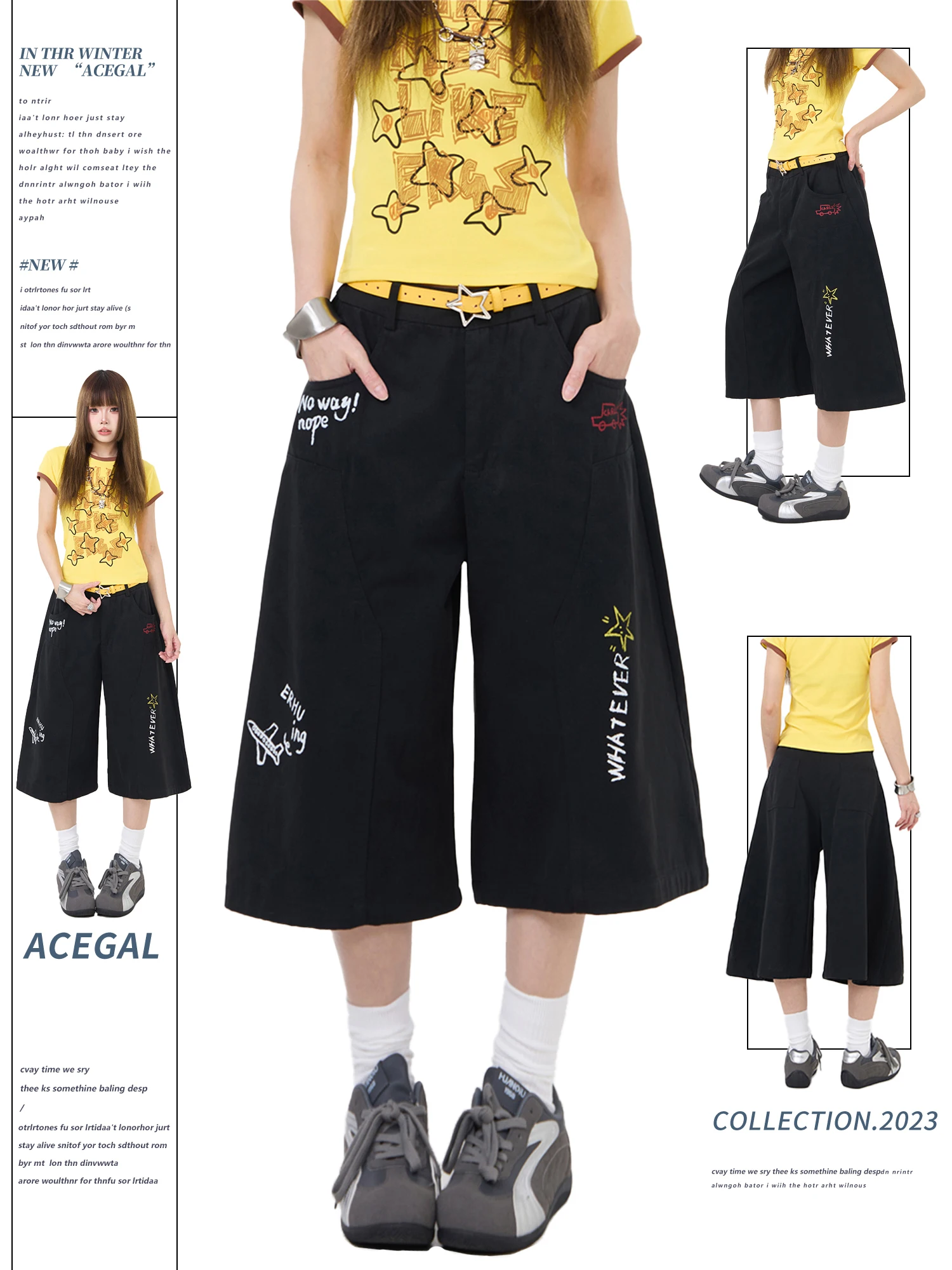 American Retro Denim Wide Leg Seven-Foot Printed Casual Pants Straight Mid-Calf Summer Shorts for Young Women Cotton Material