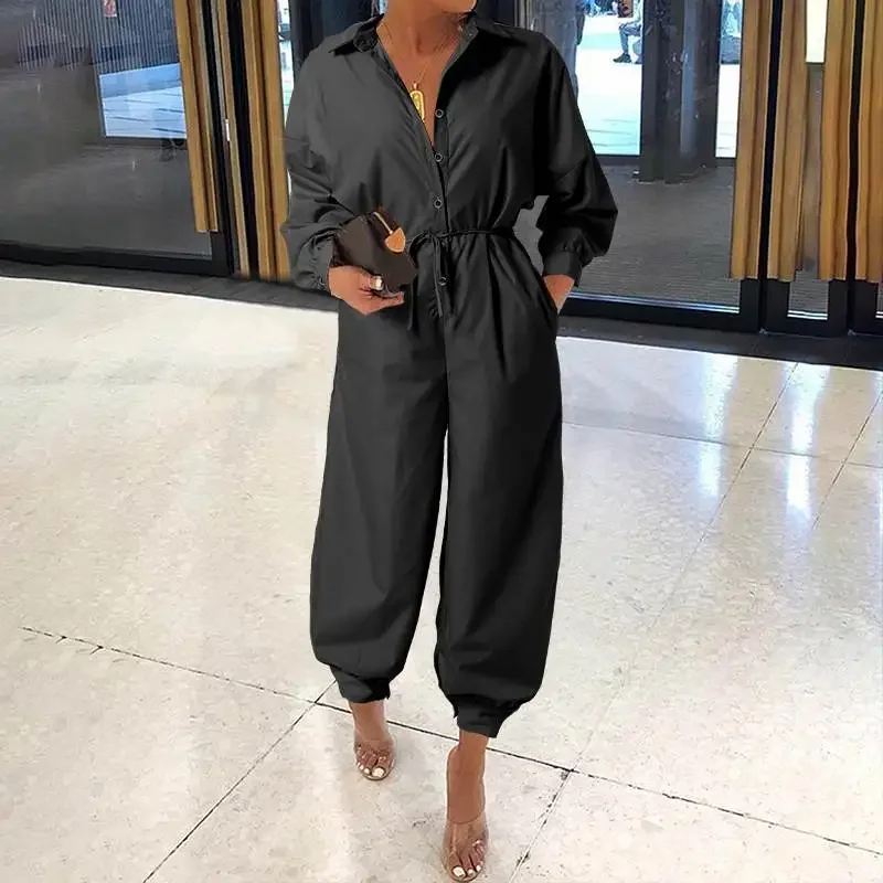 Women Long-sleeved Belt Cargo Jumpsuit 2023 Lapel Solid Color Casual Jumpsuit S-5XL New Women Retro Autumn Button Work Clothes