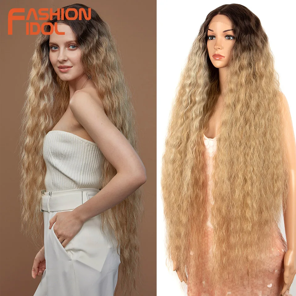 FASHION IDOL 42inch Kinky Curly Lace Front Wigs Synthetic Water Wave Wigs For Women Ombre Blonde Lace Wigs Cosplay Daily Party