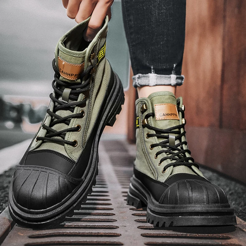 Men Ankle Boots High Quality Outdoor Work Boots for Men Fashion Platform Motorcycle Boots Lace-Up High-top Canvas Men Shoes New