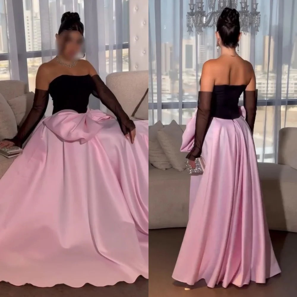 

Customized Fashion Charmeuse Pleat Bow A-line Strapless Long Dresses Bespoke Occasion Homecoming High Quality