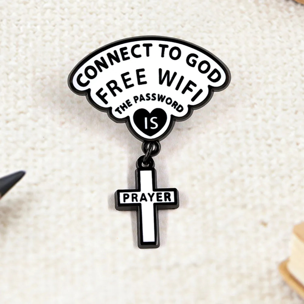 

Fun Christian Pins Connect to God Free WiFi The Password is Prayer Cross Brooches Religious Humor Badges for Backpacks Accessori