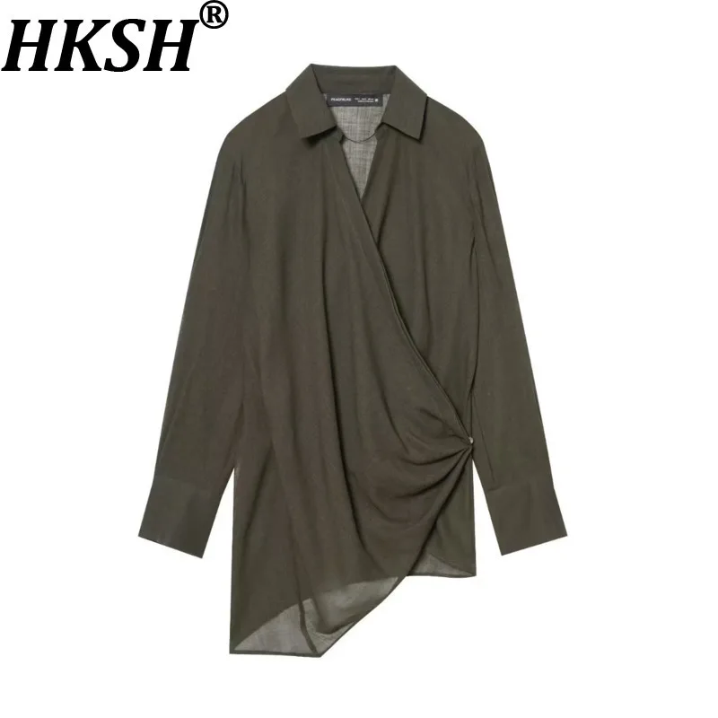 

HKSH Spring Autumn New Women's Shirt Turn-down Collar Solid Color Long Sleeves Pleated Asymmetric Casual Blouse Tide Top HK15803