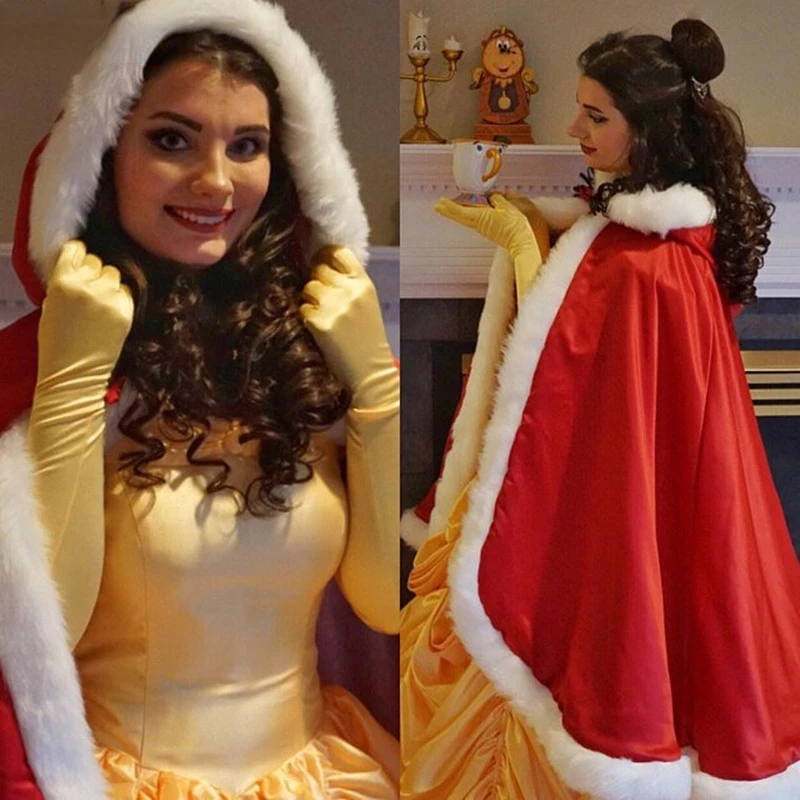

Christmas Bridal Cape Medium-Length Satin 37-inch Hooded with Fur Trim Wedding Cloak Handmade Fur Cape