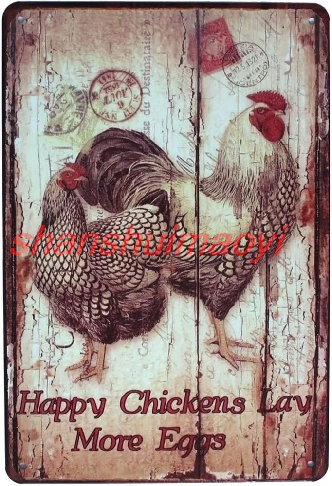 Happy Chickens Lay More Eggs, Rooster Decor Metal Tin Sign, Wall Ornament Farm & Bar Decor 8