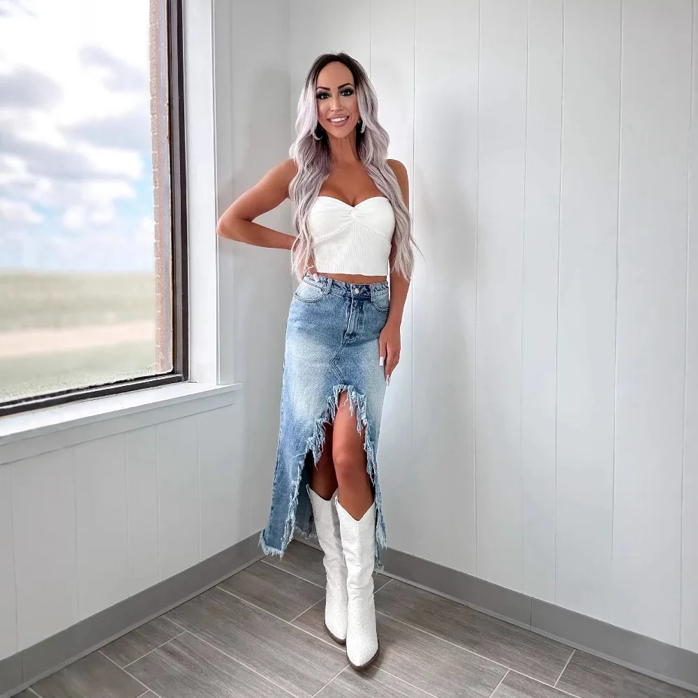 

High Waist Asymmetrical Skirt Denim Spring New Sle Women's Faion Jeans Skirts mid Stretch Pure Color Skirts