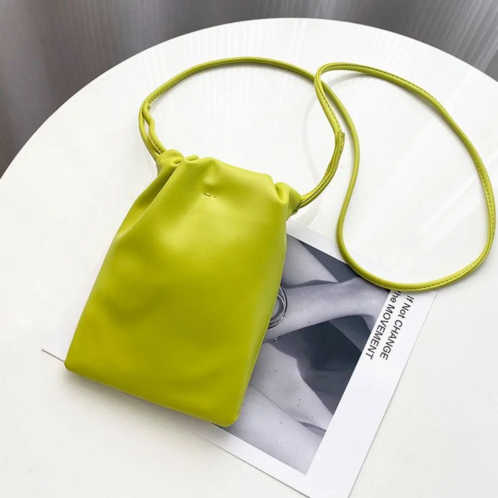 

All-Match Polyester Drawstring Phone Bag Pleated Portable PU Crossbody Bag Purse Soft Soild Color Handbag School