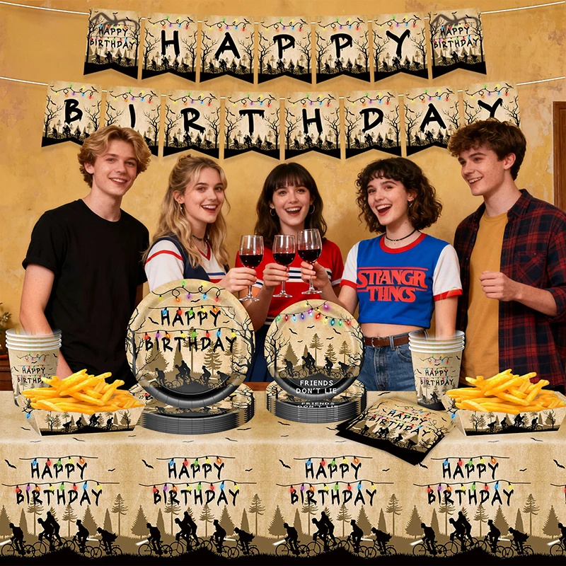 Stranger Birthday Party Dekorations- und Geschirrset „Welcome To The Other Side“ – Teller, Becher, Horror-Party-Zubehör, Geschenktüte, Hintergrund – Detail 7
