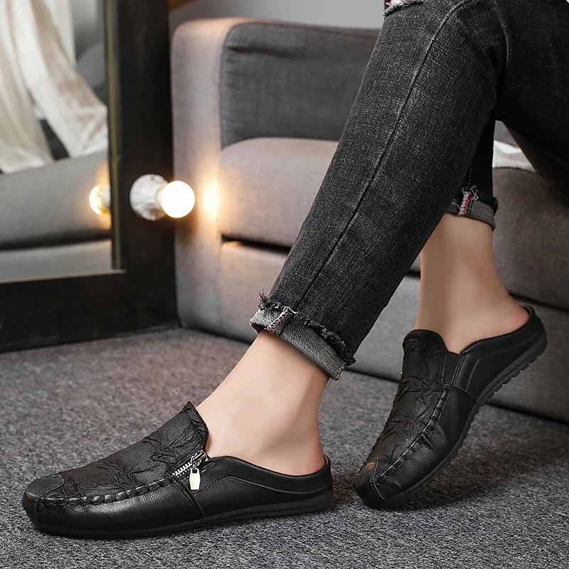 Summer Half Slippers Men Casual Shoes Comfortable Soft Leather Loafers Men's Lazy Shoes Flat Slip-on Shoes For Man Daily Shoes