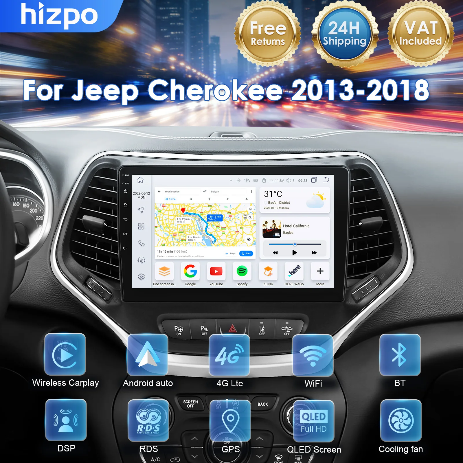 Hizpo – écran QLED AI de 10.1 pouces, systèmes intelligents pour voiture, pour Jeep Cherokee 5 KL 2013 – 2018, lecteur stéréo RDS, multimédia, CarPlay, Android Auto, DSP, caméra 360