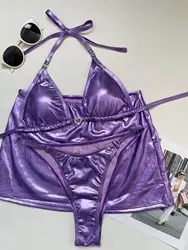 Conjuntos de biquíni triangulares sexy com mini saia para mulheres, três peças, tanga metálica, maiô, moda praia, maiô