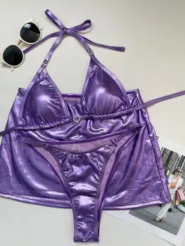 sexy triangle metallic bikinis sets three pieces with mini skirt bathing suit beach wear women thong bikini swimsuits biquini