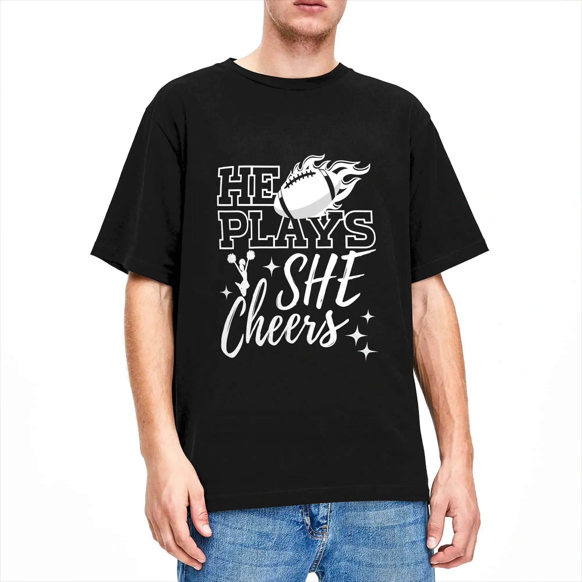 Couple T-Shirt He Plays She Cheers High School Football Player Cheerleade T-Shirts Hipster  Summer Tee Shirt Y2K Fun Cotton Tops