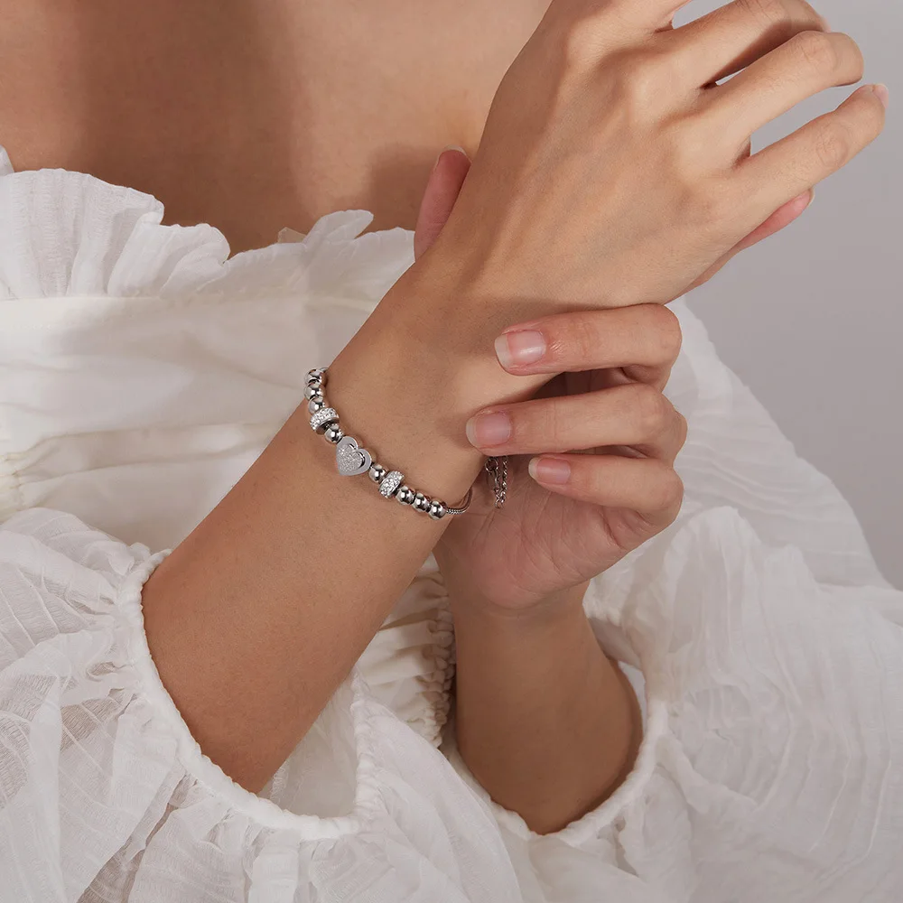 Liebe Zirkon Dreidimensionale Matt Perlen Armbänder Titan Stahl Frauen Mode OL Armband Charme Schmuck – Detail 6