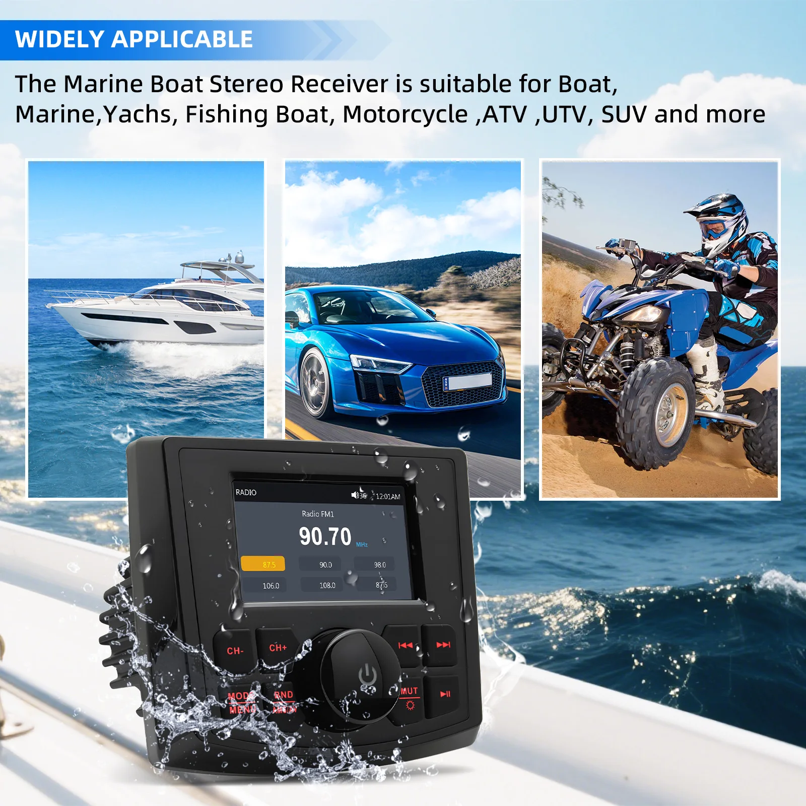 

Marine Radio MP5 Boat Radio Stereo 3inch Display Media Video Player Waterproof Bluetooth-Compatible AUX AM FM RDS for ATV UTV