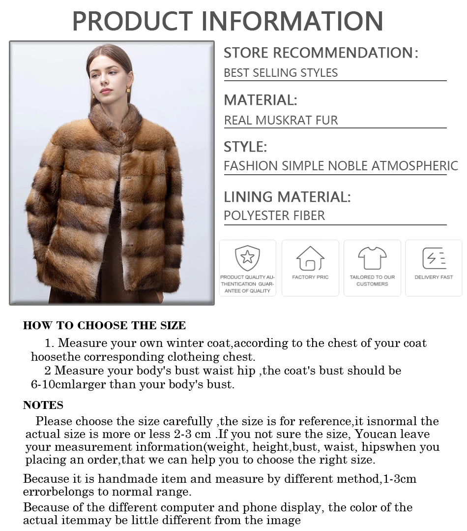 Natural Muskrat Fur Winter Women Fur Coat Women Luxury Real Fur Warm Winter Jackets
