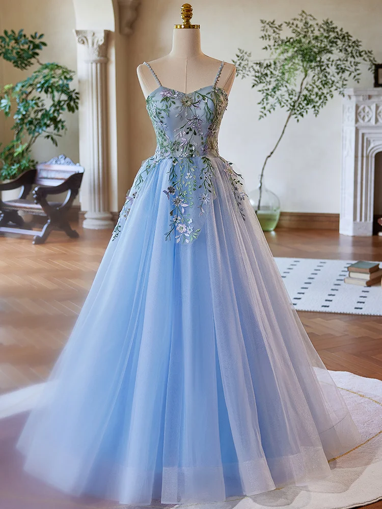 

Vintage Princess Prom Dresses Blue Lace Flower Spaghetti Sstrap Pearls Stage Ball Gown Lace Up Customized Party Evening Dress
