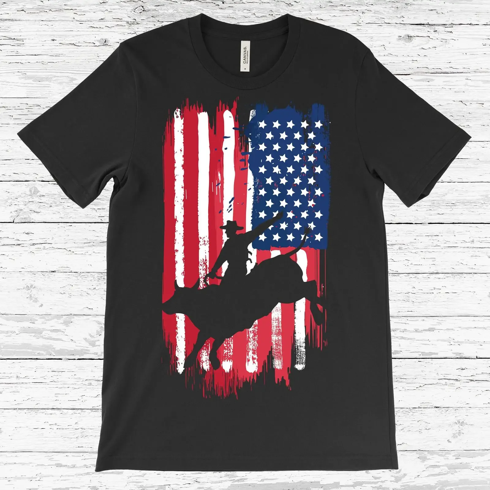 Western Bull Riding Rodeo Cowboy American Flag 4th of July Patriotic Vintage Retro T Shirt vintage Washed homme Comfortable