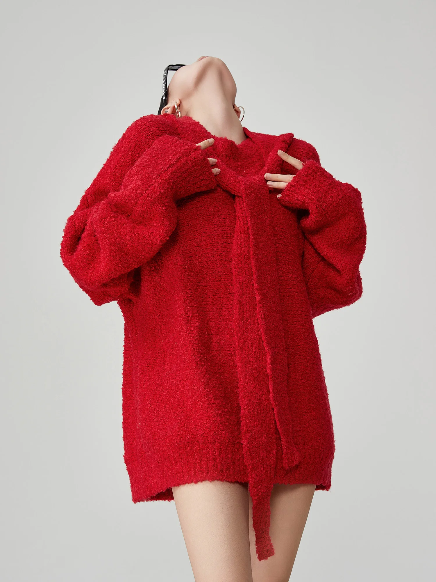 

Red Cisas Aosphere Loose Hoodie Knitted Sweater Women's Spring New Korean Sle Lazy Faion Polyester Fiber Long Sve