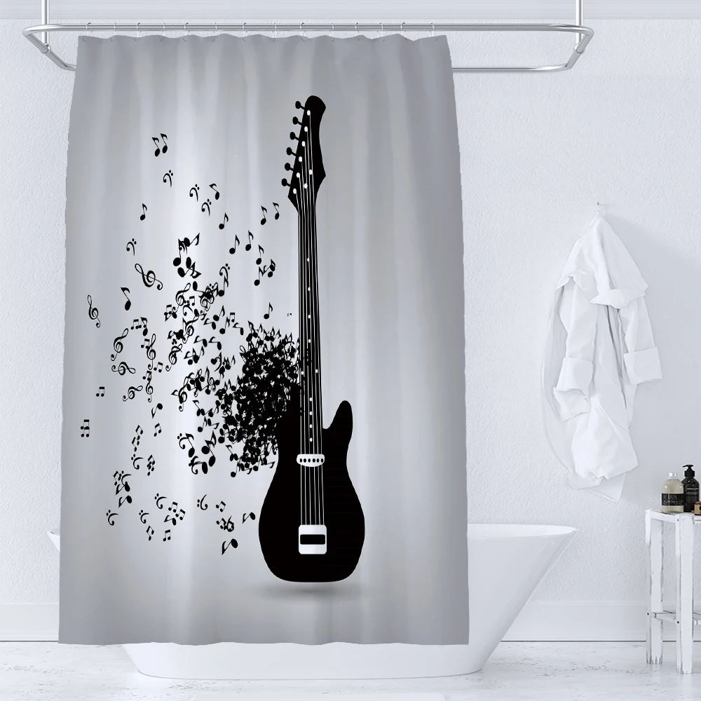 

Art Musical Note Guitar Shower Curtain Print Modern Nordic Minimalist Grey Polyster Home Decor Bathroom Curtain with Hooks