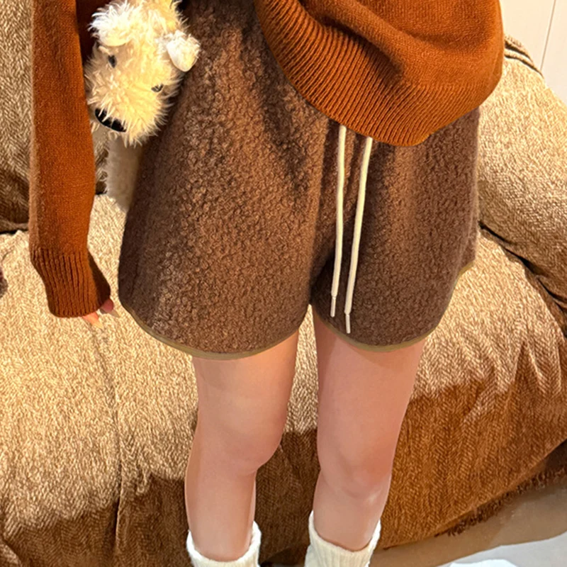 Drawstring High Waist Lambswool Shorts Women Autumn Winter Thicken Wide Leg Shorts Woman Fashion Loose Fuzzy Hot Pants Female