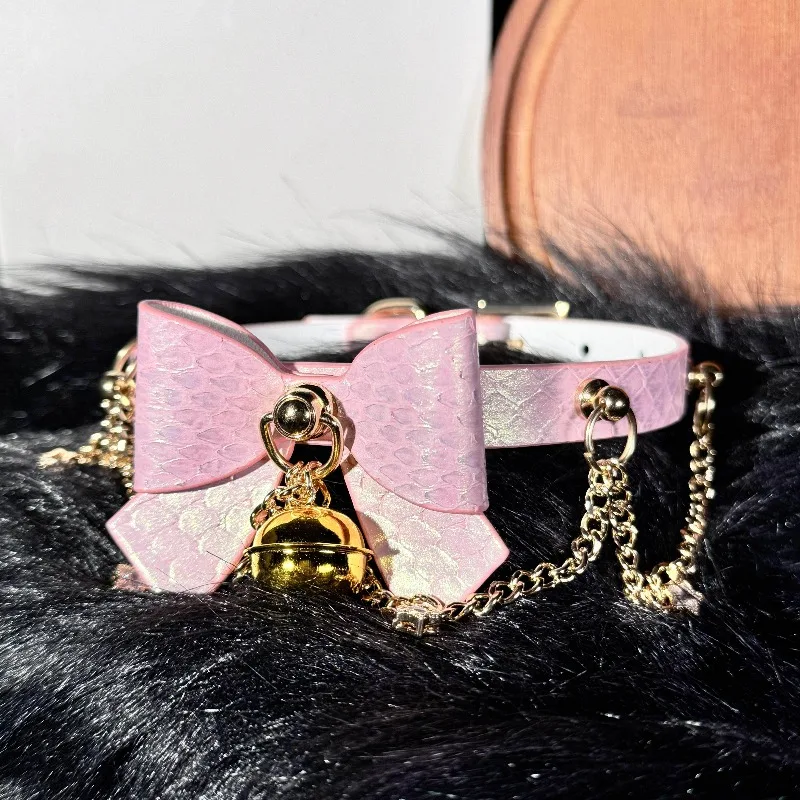 Custom Handmade Choker Collar Women's Bell Fashion Neck Ring K9 Bow Cat Niche Jewelry Genuine Leather Snake Pattern