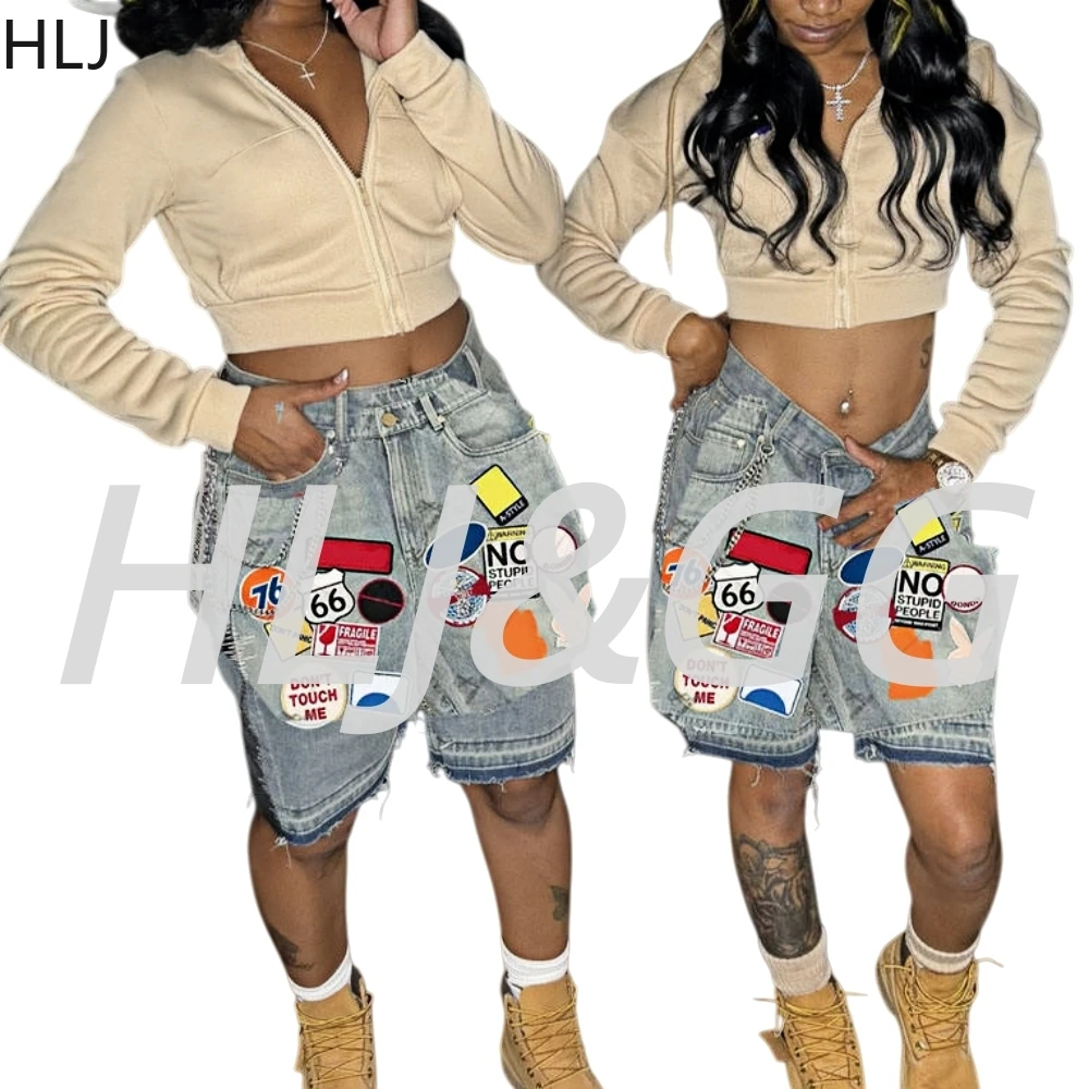 Hlj & gg moda y2k carta impressão denim shorts conjuntos de duas peças feminino com capuz manga longa colheita topo e shorts roupa feminina streetwear