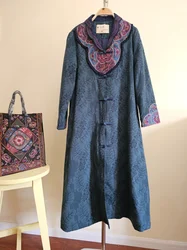 Vintage women winter coats Green cotton linen jacquard outerwears Ethnic style embroidery parkas thick long clothes high quality