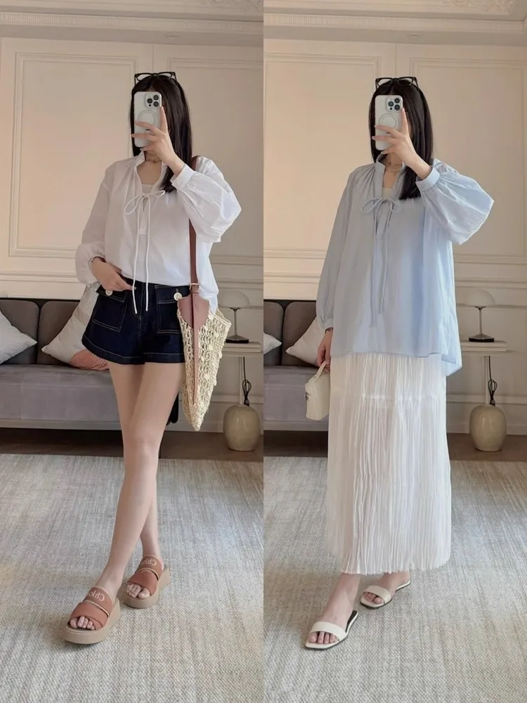 

Early G Sle Lightweight Thin Combed Cotton Stand Collar Pleated Knot Long Sve Lantern Sve irt for Women