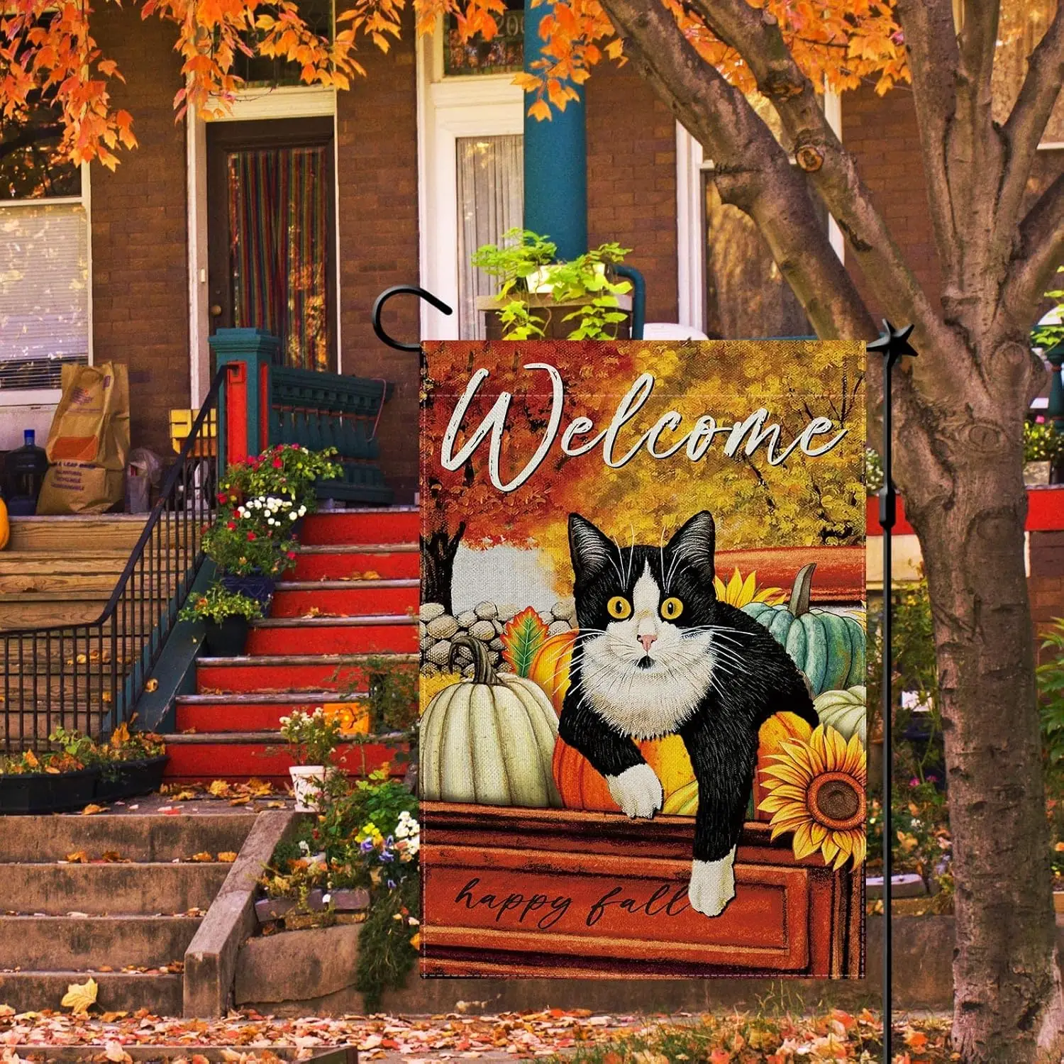 Fall Cat Garden Flag Cat Autumn Thanksgiving Garden Flag Hello Fall Yard Flag, Fall Flag for Garden Double Sided Burlap Seas uui