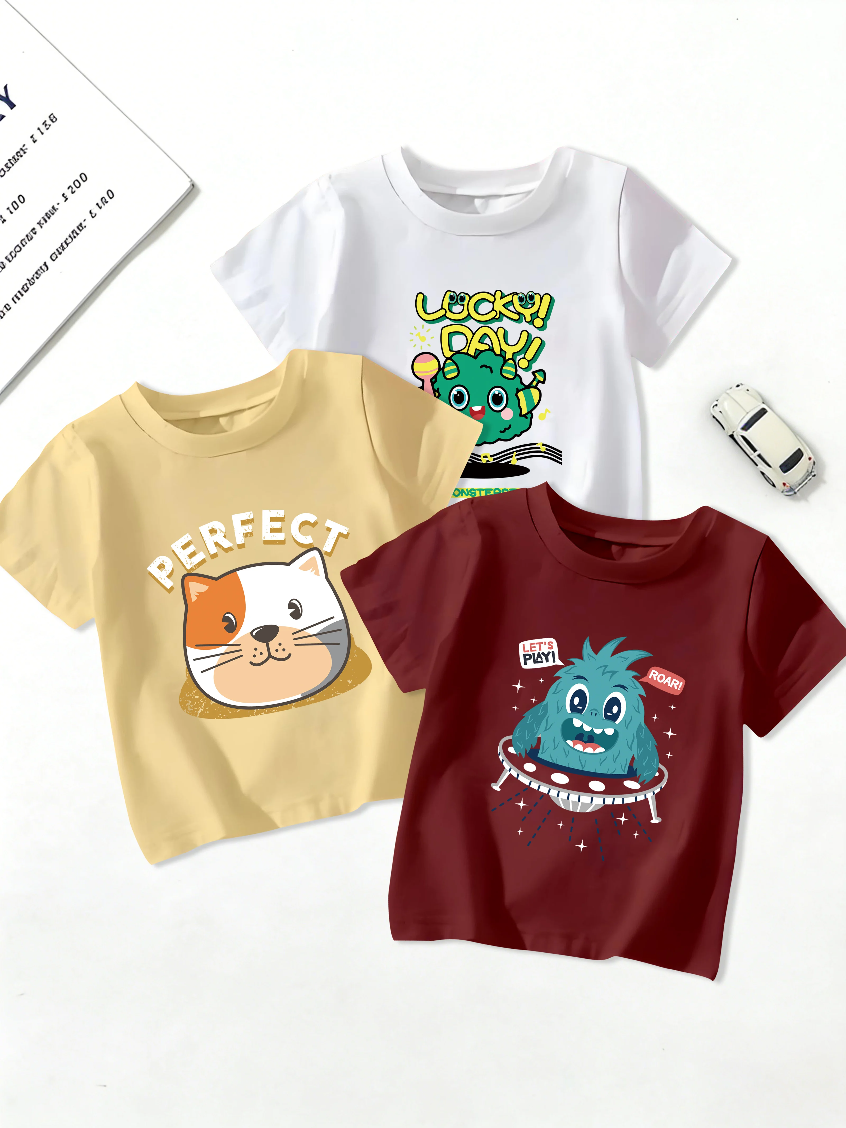 

3 предмета: повседневная футболка с круглым вырезом для мальчиков, летняя футболка с графическим принтом в виде мультяшного космического корабля, монстра, котенка и зеленого монстра.