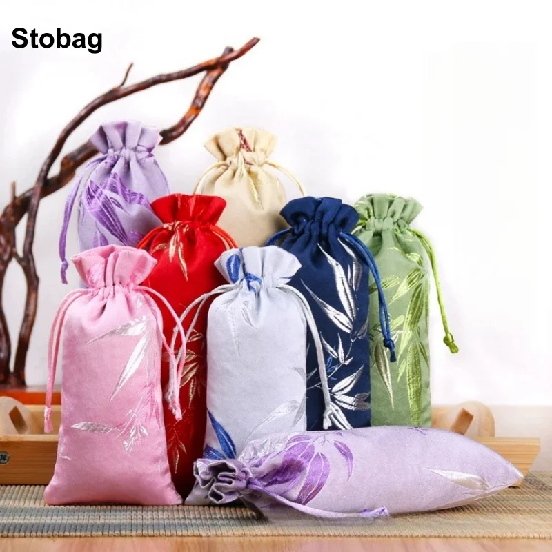 

StoBag 50pcs Wholesale Chinese Long Silk Drawstring Bag Cloth Gift Jewelry Package Storage Bundle Pocket Reusable Pouch Portable