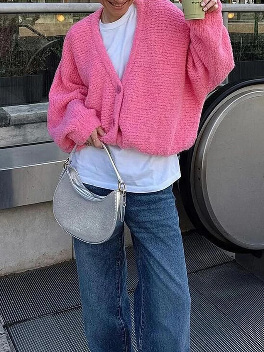 New Fashion Women Solid Color Knit Cardigan V-Neck Fuzzy Long Sleeve Button-Front Closure Sweaters Club Street Style S-XL