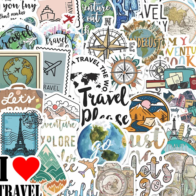 

50 non-repeating creative travel world stickers waterproof text airplane desert cartoon stickers handbook stationery decoration