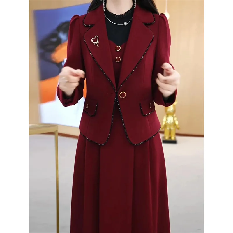 Casaco avançado de blazer vermelho feminino e vestido longo, roupa feminina, jaqueta de alta qualidade, conjunto de 2 peças, primavera, outono, inverno, novo, 2022