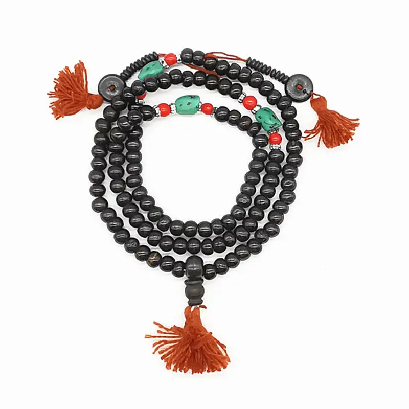 Tibetan 108 Prayer Beads Mala Black Yak Bone Necklace Tibet Rosary with Counter Pair BRO841