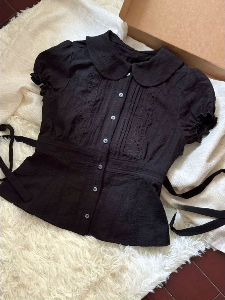 2025 Summer Cute Doll Collar Cropped Black Tops Kawaii Design Short Sleeve Base Shirt Vintage Lace Up Casual Clothes Y2k Outfits