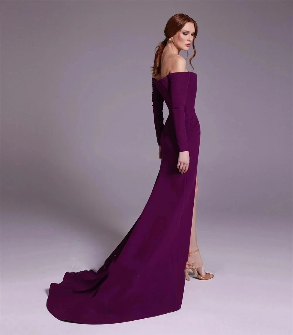 Romantic Elegant Purple Satin Off-the-shoulder Sheath Cocktail Boat Neck Side Split Occasion Evening Gown Arabic Evening Dress