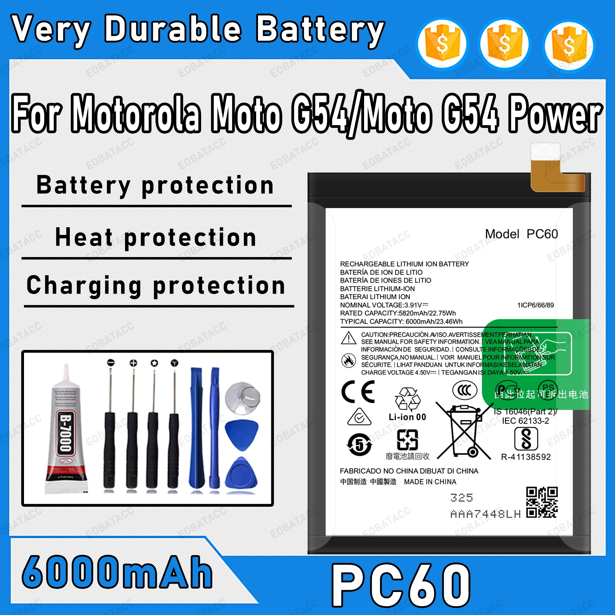 

6000mAh 100% New PC60 Battery For Motorola Moto G54/Moto G54 Power Replacement Bateria+Free Tools