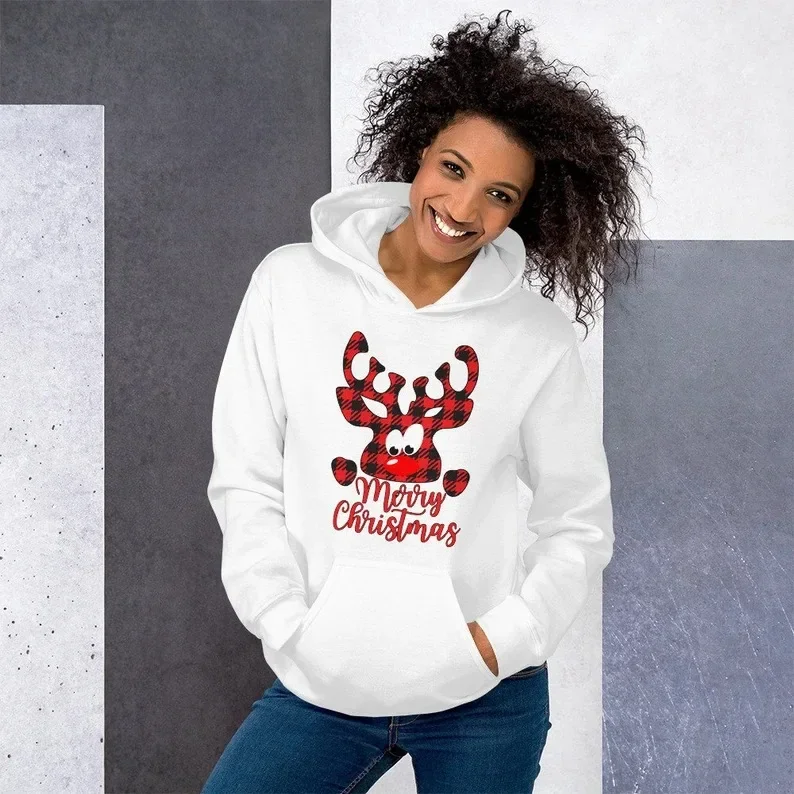 Merry Christmas Winter Women\'s Cotton Fleece Hoodies Reindeer Print Sweatshirt Festival Holiday Clothing High Quality Top