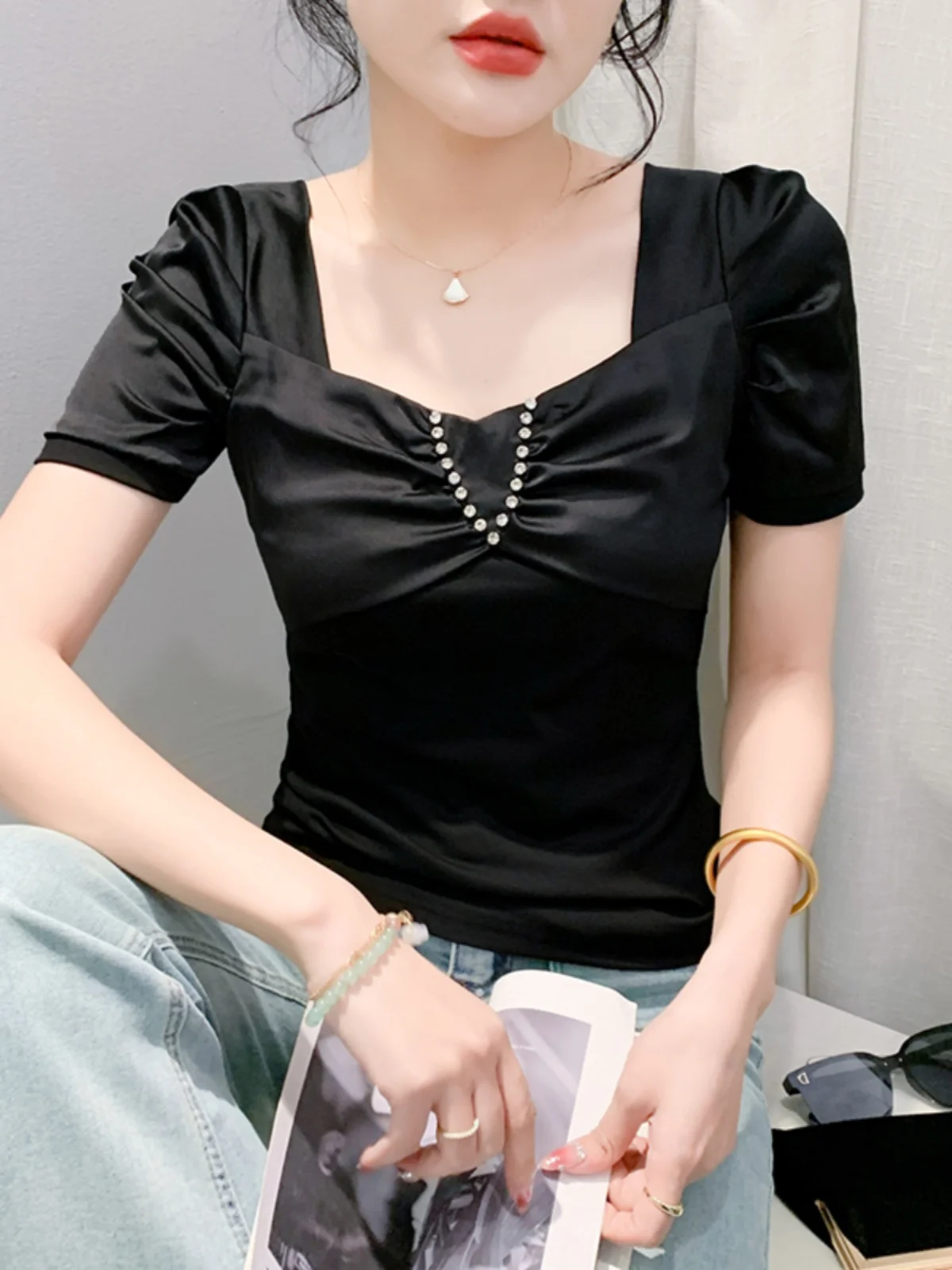 

Женская летняя футболка Ele Bubble с коротким рукавом, новый дизайн, с эффектом пэчворк, стразами и вышивкой, облегающий топ