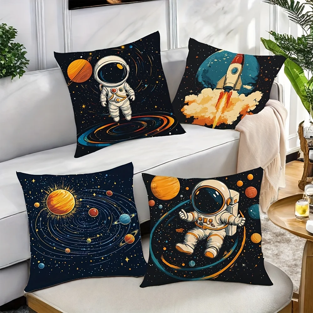 1PC 2D Flat Retro Space Astronaut Rocket Planet Throw Pillow Covers Cushion Cases for Sofa Bedroom Living Room No Pillow Core