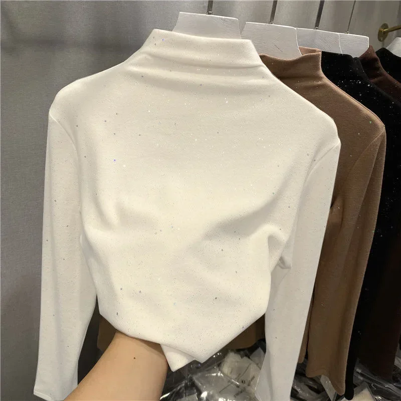 Mulheres manga longa gola alta básica topos feminino outono roupas 2025 outono pullovers camisola coreano inverno nova blusa quente brilhante