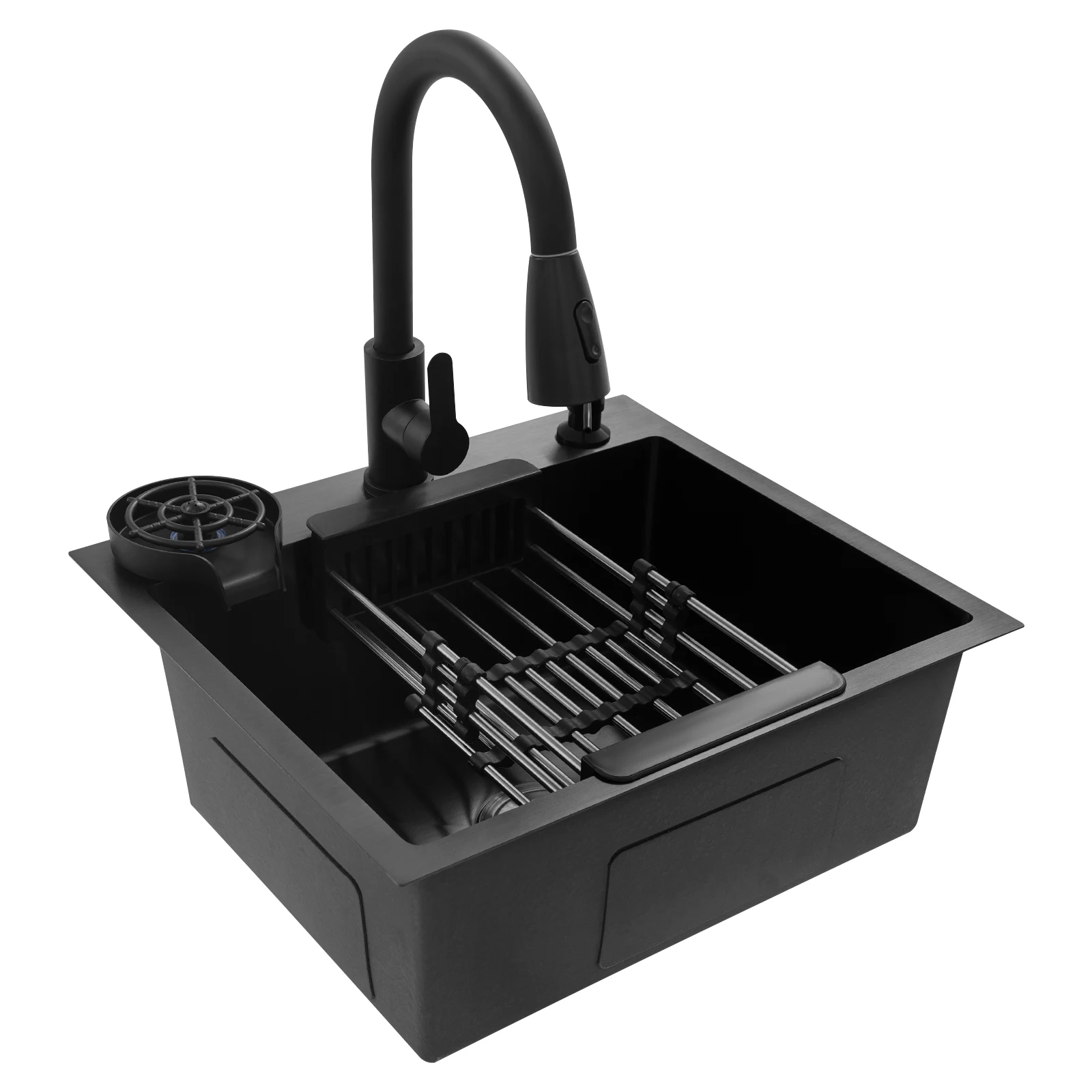 حوض مطبخ 5 في 1 مع صنبور قابل للسحب، شطف الأكواب، موزع الصابون، حوض ستانلس ستيل مطلي بالنانو للمنزل الحديث