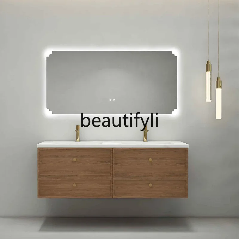 

bathroom cabinet rock slab countertop washbasin integrated wash basin log wind solid wood multi-layer storage cabinetAsmt52