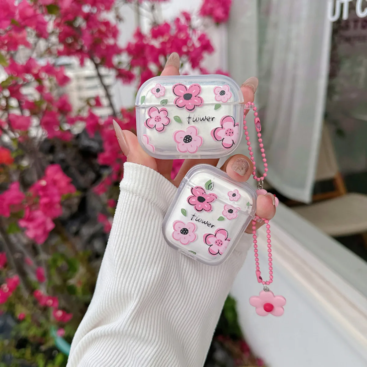 カワイイキーホルダー付きのかわいい漫画のイヤホンケース、美しい花柄のデザイン、手描きのプラッシュプラム、airpods Pro 2、1、3